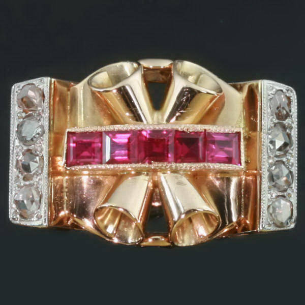 Sturdy pink gold retro ring with rose cut diamonds and carre cut rubies (image 8 of 15)